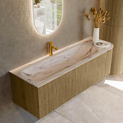 MONDIAZ KURVE-DLUX Meuble de salle de bains 145cm arrondi Droite couleur Dusk avec 1 tiroir et 1 porte. Lavabo BIG LARGE Gauche 1 trou de robinet Nata.
