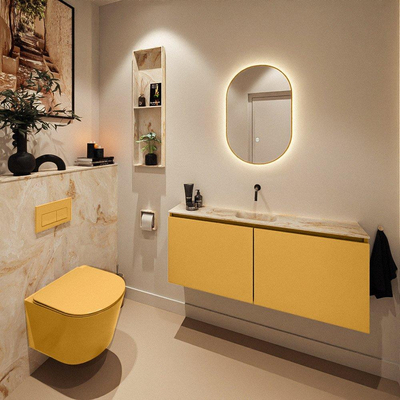 MONDIAZ TURE-DLUX Meuble toilette - 120cm - Ocher - EDEN - vasque Frappe - position centrale - sans trou de robinet