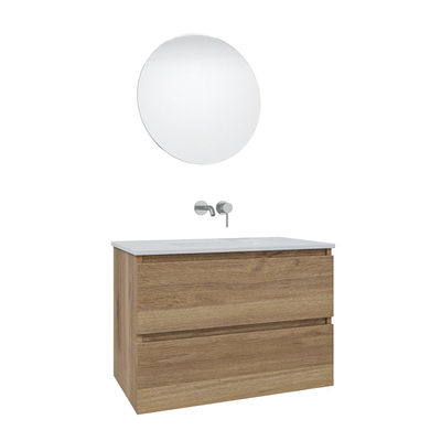 Adema Chaci Meuble salle de bain - 80x46x55cm - 1 vasque en céramique blanche- sans trou de robinet - 2 tiroirs - miroir rond avec éclairage - cannelle