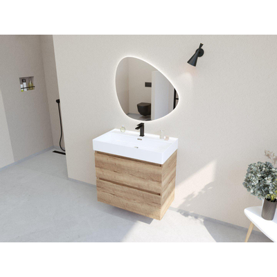 HR Infinity XXL 3d meuble de salle de bain ensemble 80 cm 1 vasque céramique kube blanc 1 trou de robinet 2 tiroirs chêne français