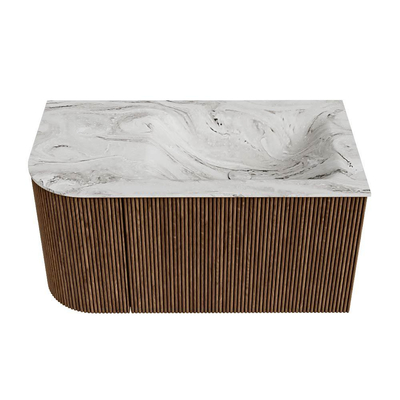 MONDIAZ KURVE-DLUX 85cm Meuble salle de bain avec module 25 G - couleur Walnut - 1 tiroir - 1 porte - vasque CLOUD droite - 1 trou de robinet - couleur Glace