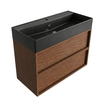 Saniclass Holz Frame Ensemble meuble de salle de bains - 100x45x72cm - Legend lavabo en céramique noir mat - 1 vasque - 1 trou de robinet - 2 tiroirs - walnut pure mat (bois)