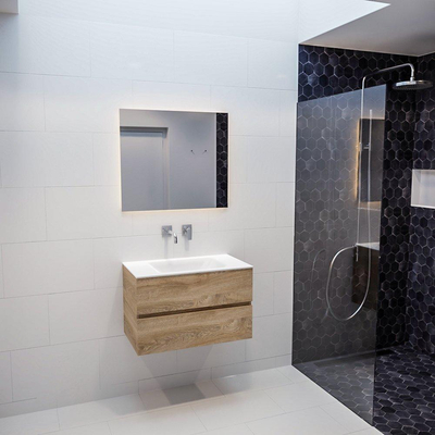 MONDIAZ VICA Ensemble de meuble salle de bain - 80cm - 2 tiroirs - lavabo Cloud au centre - 0 trous de robinet - solid surface chêne blanchi