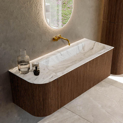 MONDIAZ KURVE-DLUX 125cm badmeubel met module 25 L kleur Walnut met 1 lade en 1 deur. Wastafel BIG MEDIUM rechts zonder kraangat kleur Glace.