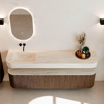 MONDIAZ THOR-DLUX 190cm badmeubel ronding links + rechts kleur Walnut met 2 lades en 2 deuren. Vrijhangende wastafel CLOUD Links zonder kraangat kleur Meli.
