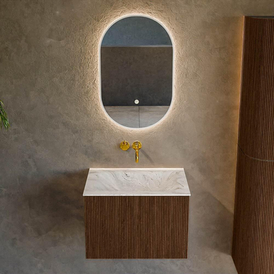 MONDIAZ KURVE-DLUX 60cm badmeubel kleur Walnut met 1 lade. Wastafel CLOUD midden zonder kraangat kleur Glace.