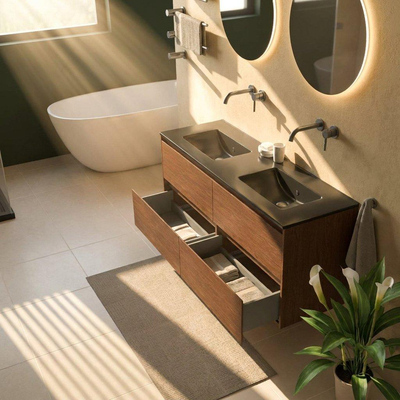 Saniclass Holz Pure Ensemble de meubles de salle de bains - 140x45x62cm - lavabo Vygo en céramique noir - 2 vasques - sans trous de robinetterie - 4 tiroirs - walnut pure mat (bois)