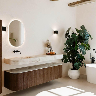 MONDIAZ THOR-DLUX 180cm meuble de salle de bains arrondi gauche + droite couleur Walnut avec 2 tiroirs et 2 portes. Vasque suspendue CLOUD gauche sans trou de robinet couleur Frappe.