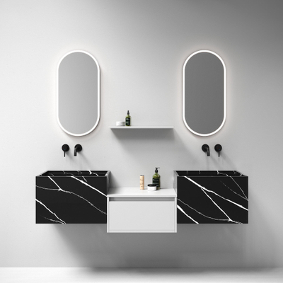 BRAUER Nova wastafel - 60x46x40cm - incl. verborgen ophangbeugels - 1 wasbak - 0 kraangaten - composiet - marmerlook - Nero Marquina