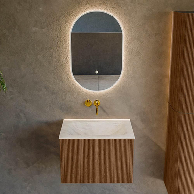 MONDIAZ KURVE-DLUX 60cm Meuble salle de bain - couleur Walnut - 1 tiroir - vasque CLOUD centre - sans trou de robinet - couleur Ostra