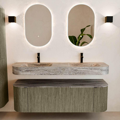 MONDIAZ THOR-DLUX 150cm meuble de salle de bains arrondi gauche + droite couleur Shadow avec 1 tiroir et 2 portes. Vasque suspendue CLOUD Double 2 trous de robinet couleur Oza.