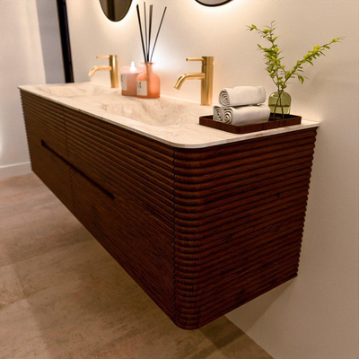 Mondiaz CIRO-DLUX Badkamermeubelset - 170x45x50cm - Solid surface wastafel Frappe - 2 wasbak Dubbel - 2 kraangaten - 4 lades - Ruby