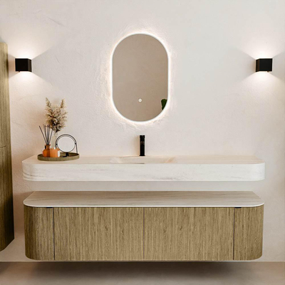 MONDIAZ THOR-DLUX 180cm meuble de salle de bains arrondi gauche + droite couleur Dusk avec 2 tiroirs et 2 portes. Vasque suspendue CLOUD Milieu 1 trou de robinet couleur Meli.