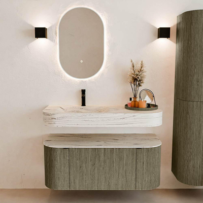 MONDIAZ THOR-DLUX 110cm meuble de salle de bains arrondi gauche + droite couleur Shadow avec 1 tiroir et 2 portes. Vasque suspendue CLOUD Gauche 1 trou de robinet couleur Nata.