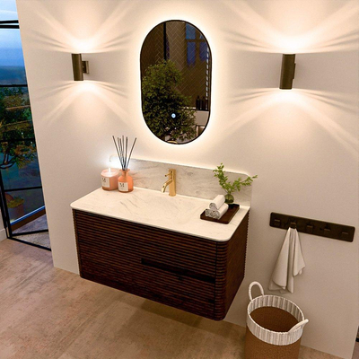 Mondiaz CIRO-DLUX Badkamermeubelset - 100x45x50cm - Solid surface wastafel Opalo - 1 wasbak Midden - 1 kraangat - 2 lades - Walnut