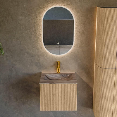 MONDIAZ KURVE-DLUX Meuble de salle de bains 50cm couleur Chêne avec 1 tiroir et 0 porte. Lavabo GRUNNE Central 1 trou de robinet Sombra.