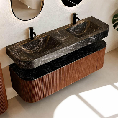 MONDIAZ THOR-DLUX 150cm meuble de salle de bains arrondi gauche + droite couleur Ruby avec 1 tiroir et 2 portes. Vasque suspendue CLOUD Double 2 trous de robinet couleur Lava.