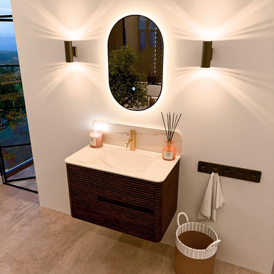 Mondiaz CIRO-DLUX Meuble de salle de bains - 80x45x50cm - Plan vasque solid surface Meli - 1 lavabo central - 1 trou de robinetterie - 2 tiroirs - Noyer