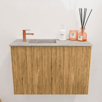 Mondiaz JOYA-DLUX 60cm toiletmeubel - kleur Oak - Wastafel FAYE positie Links 1 kraangat kleur Glace.