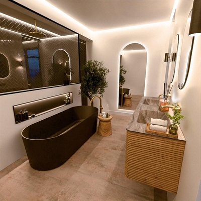 Mondiaz CIRO-DLUX Ensemble de meubles de salle de bains - 170x45x50cm - vasque en solid surface Oza - 2 cuves double - sans trous de robinet - 4 tiroirs - Chêne