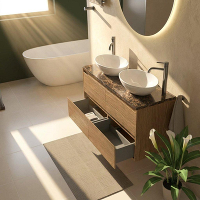 Saniclass Holz Pure Ensemble de meubles de salle de bains - 120x45x63cm - Plan de travail Noche en pierre naturelle dark emperador - 2 trous de robinetterie - 4 tiroirs - chêne natural mat (bois)