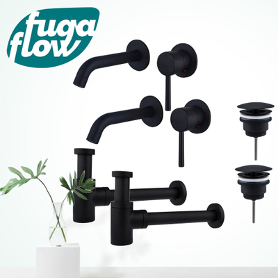 FugaFlow Eccelente Sobrado Slim Kit robinet lavabo - pour double vasque - robinet rehaussé - bonde non-obturable - siphon design bas - Noir mat