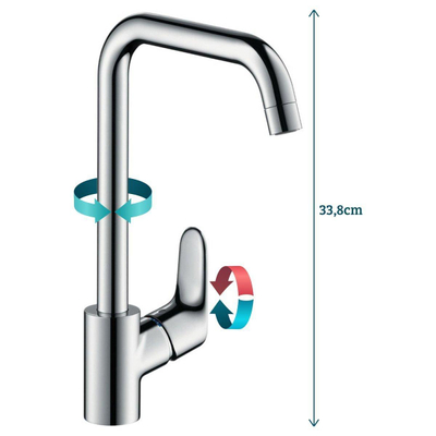 Hansgrohe Focus E2 Robinet de cuisine avec bec haut pivotant réglable à 110 degrés. 150 degrés et 360 degrés chrome