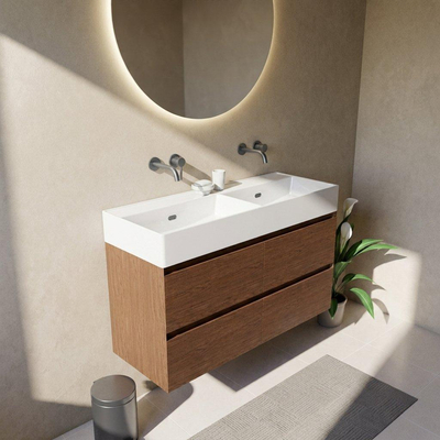 Saniclass Holz Pure Ensemble de meubles de salle de bains - 120x45x72cm - lavabo Legend en céramique blanc - 2 vasques - sans trous de robinet - 4 tiroirs - walnut pure mat (bois)