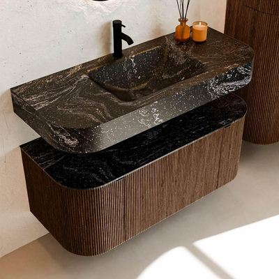 MONDIAZ THOR-DLUX 110cm badmeubel ronding links + rechts kleur Walnut met 1 lade en 2 deuren. Vrijhangende wastafel CLOUD Midden 1 kraangat kleur Lava.