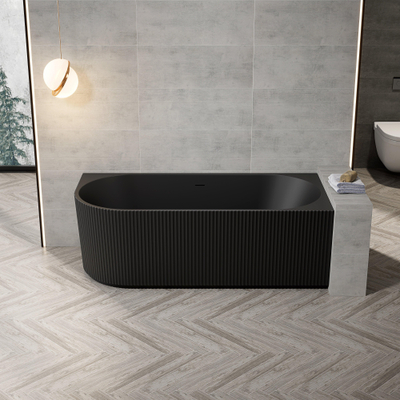 FugaFlow Eccelente Anta Half Vrijstaand Bad - 170x80x58cm - rechts - ribbel - met afvoer - mat zwart