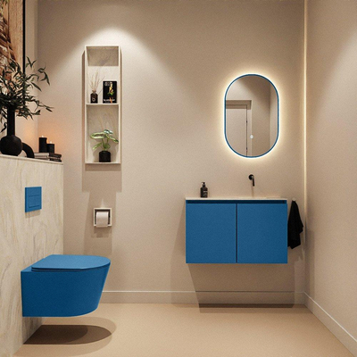 MONDIAZ TURE-DLUX Meuble toilette - 80cm - Jeans - EDEN - vasque Ostra - position droite - sans trou de robinet