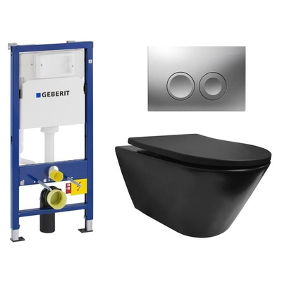 Wiesbaden Stereo toiletset rimless mat zwart inclusief Geberit UP100 toiletreservoir met softclose zitting met bedieningsplaat mat chroom