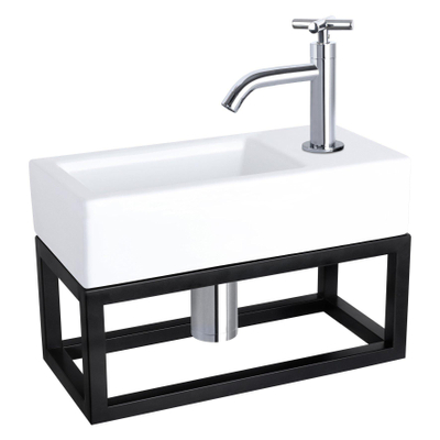 Differnz Ravo pack lave-mains – 38,5 x 18,5 x 25 cm – céramique blanc brillant – robinet courbé chromé à croisillon – avec cadre noir