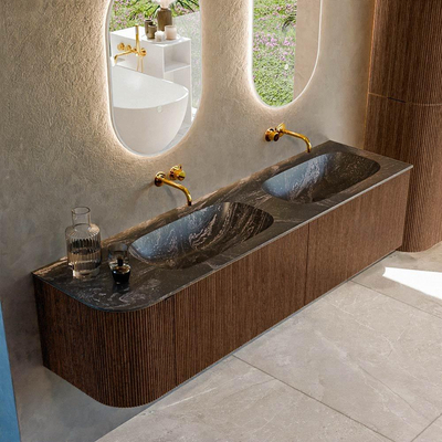 MONDIAZ KURVE-DLUX 175cm badmeubel met module 25 L kleur Walnut met 2 lades en 1 deur. Wastafel STOR SMALL dubbel / rechts zonder kraangat kleur Lava.