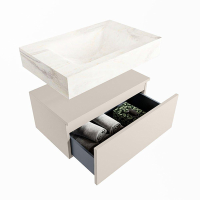 Mondiaz ALAN-DLUX Ensemble de meuble - 70cm - meuble Linen mat - 1 tiroir - Lavabo Cloud Ostra suspendu - vasque Centre - 0 trous de robinet
