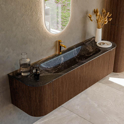 MONDIAZ KURVE-DLUX 160cm badmeubel met module 25 Len R kleur Walnut met 1 lade en 2 deuren. Wastafel BIG MEDIUM midden 1 kraangat kleur Lava.