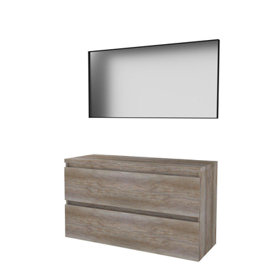Basic-Line ensemble de meubles de salle de bain 120x46cm sans poignée 2 tiroirs plan vasque miroir cadre aluminium noir mat tout autour mfc scotch oak