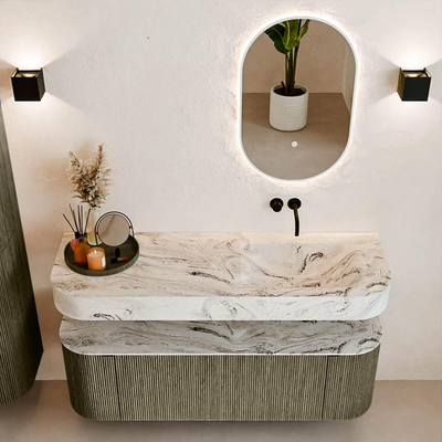 MONDIAZ THOR-DLUX 140cm meuble de salle de bains arrondi gauche + droite couleur Shadow avec 1 tiroir et 2 portes. Vasque suspendue CLOUD Droite sans trou de robinet couleur Glace.