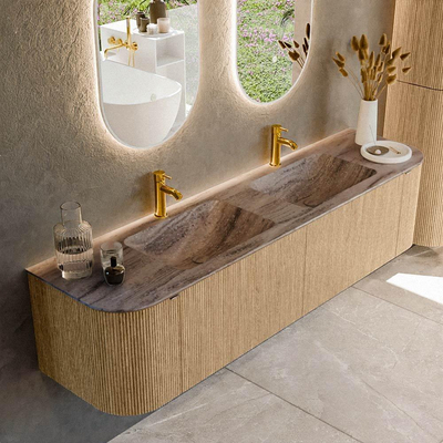 MONDIAZ KURVE-DLUX Meuble de salle de bains 180cm arrondi Gauche + Droite couleur Chêne avec 2 tiroirs et 2 portes. Lavabo LEAF Double 2 trous de robinet Oza.