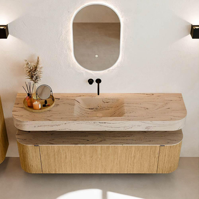 MONDIAZ THOR-DLUX 170cm badmeubel ronding links + rechts kleur Oak met 1 lade en 2 deuren. Vrijhangende wastafel CLOUD Midden zonder kraangat kleur Arena.