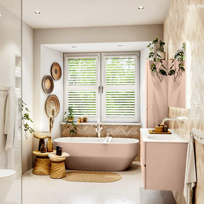 Mondiaz VICA ensemble de meuble de salle de bain - 130cm - meuble sous-vasque rosee - 4 tiroirs - lavabo moon droite - sans trous de robinet - version haute de 60cm - talc