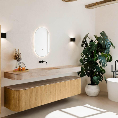 MONDIAZ THOR-DLUX 200cm badmeubel ronding links + rechts kleur Oak met 2 lades en 2 deuren. Vrijhangende wastafel CLOUD Midden zonder kraangat kleur Saba.