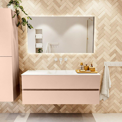 MONDIAZ VICA Ensemble meuble de salle de bains - 130cm - meuble bas rosee - 2 tiroirs - plan-vasque cloud central - sans trous de robinetterie - version haute 60cm - talc