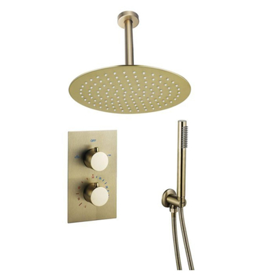 FugaFlow Eccelente Sobrado ensemble de douche pluie encastré bras de plafond thermostatique 20cm avec barre de douche 25cm douche à main laiton brossé PVD