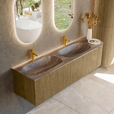 MONDIAZ KURVE-DLUX meuble de salle de bains 165cm arrondi à droite couleur Dusk avec 2 tiroirs et 1 porte. Lavabo STOR SMALL Double / gauche 2 trous de robinet Oza.