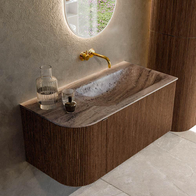 MONDIAZ KURVE-DLUX 95cm badmeubel ronding Links kleur Walnut met 1 lade en 1 deur. Wastafel BIG SMALL Rechts zonder kraangat Oza.