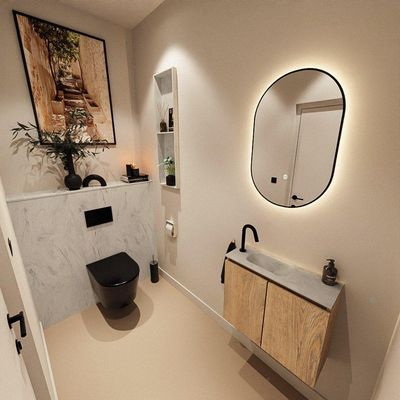 MONDIAZ TURE-DLUX Meuble toilette - 60cm - Washed Oak - EDEN - vasque Opalo - position gauche - 1 trou de robinet