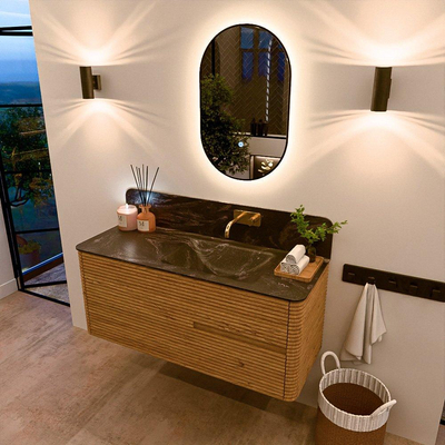 Mondiaz CIRO-DLUX Ensemble de meubles de salle de bains - 120x45x50cm - plan-vasque solid surface Lava - 1 vasque à droite - sans trous de robinetterie - 2 tiroirs - Chêne