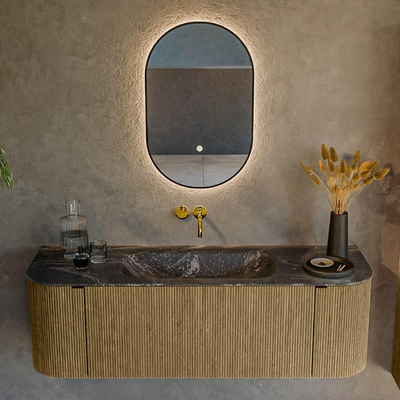 Mondiaz KURVE-DLUX Ensemble de meuble de salle de bains - 140x46x40cm - 1 tiroir - 2 portes - vasque solid surface - au milieu - sans trou de robinet - Dusk