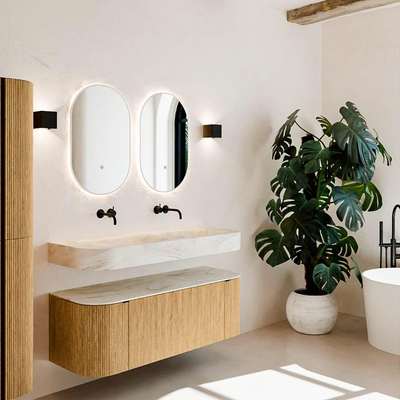 MONDIAZ THOR-DLUX 130cm meuble de salle de bains arrondi gauche + droite couleur Oak avec 1 tiroir et 2 portes. Vasque suspendue CLOUD Double sans trou de robinet couleur Ostra.